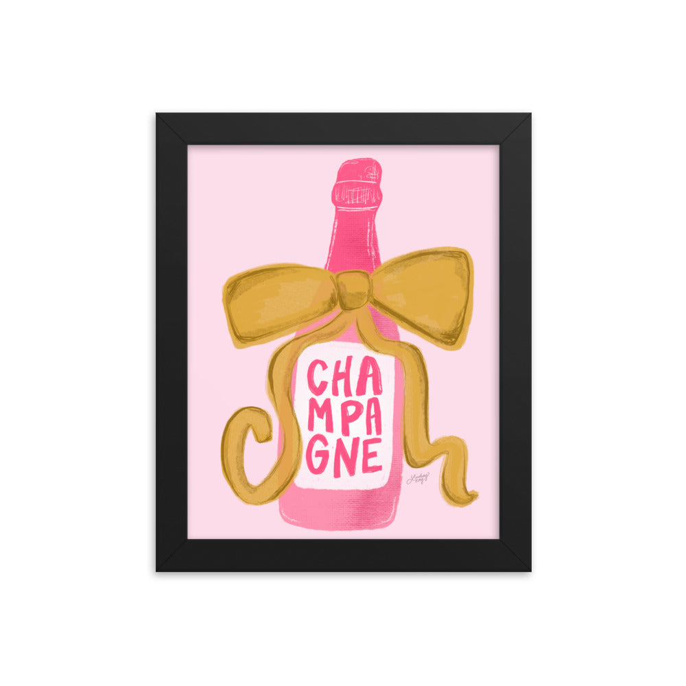 Ilustración de botella de champán con cinta - Impresión mate enmarcada
